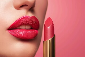Obraz premium Close-up of woman's lips with pink lipstick and lipstick tube against a pink background. Studio beauty portrait for design and print. Mockup. Generative AI