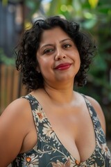 Voluptuous chubby hispanic housewife posing at her home backyard