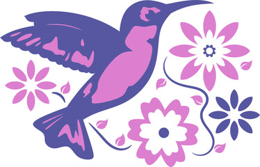 Hummingbird with Flowers Vector Graphic