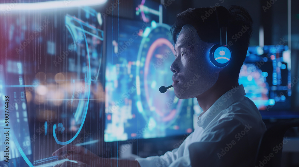 Poster focused young man working in a modern office using multiple computer screens at night