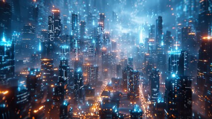 Obraz premium Futuristic Night Cityscape with Neon Lights and Skyscrapers - Urban Landscape Photography
