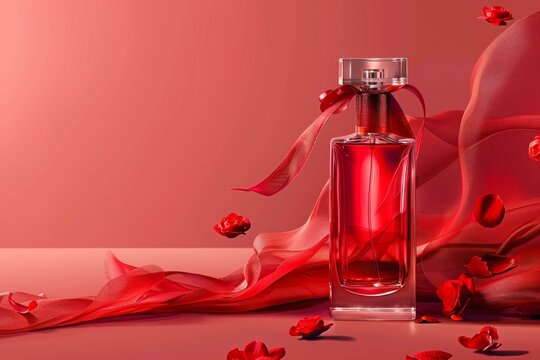 Perfume bottle with red ribbon and rose petals on a red background. Studio still life photography. Romantic fragrance and beauty concept for design and print. Mockup. Generative AI