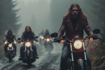 Naklejka premium Bikers riding through the fog in the forest