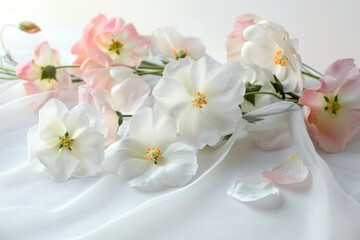 White and pink flowers on white fabric background. Studio still life with copy space. Springtime and wedding celebration concept. Design for greeting card, invitation, postcard, poster. Generative AI