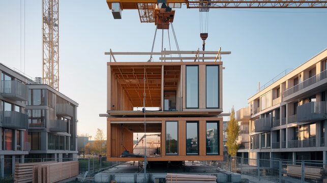 Construction site with a crane assembling modular wooden buildings. Urban residential area with modern architecture and construction materials.