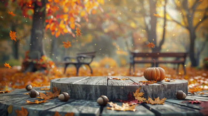 Autumn Park with Wooden Stump and Pumpkins