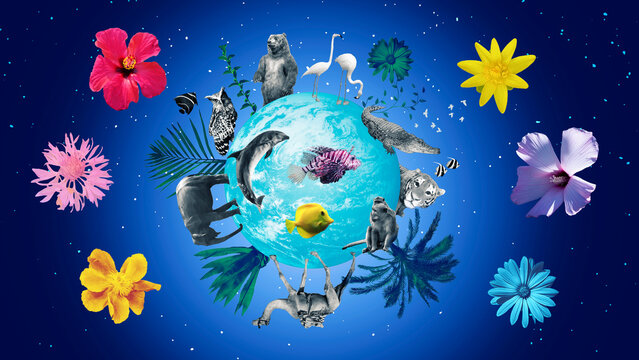 World animals day collage - concept with globe