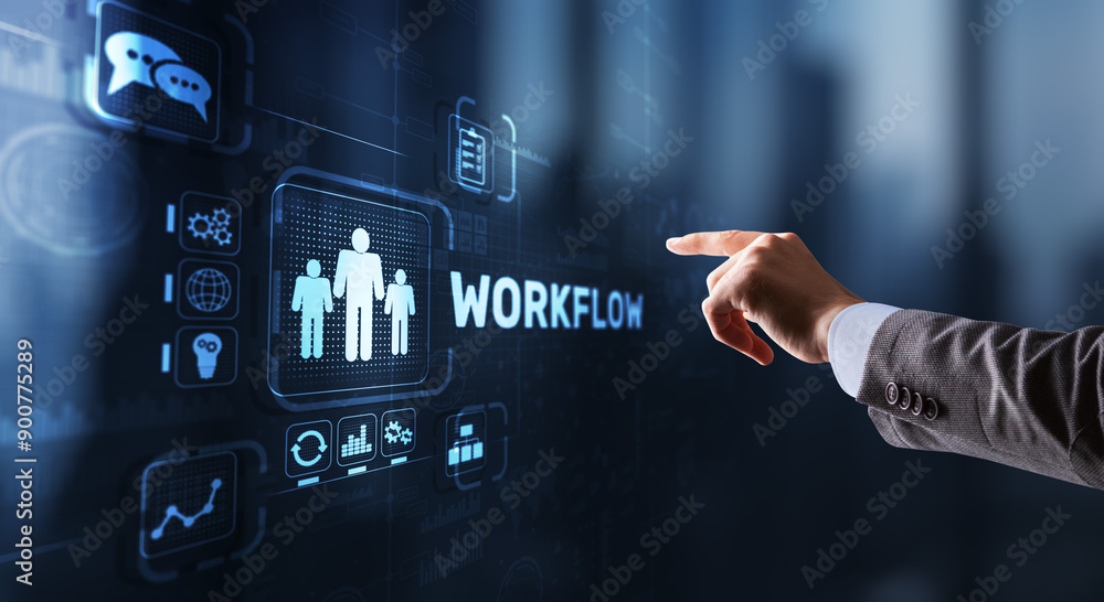 Poster workflow repeatability systematization business process. business technology internet