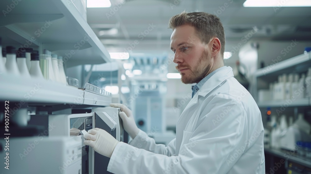 Poster scientist performing milk quality testing in a laboratory using advanced equipment