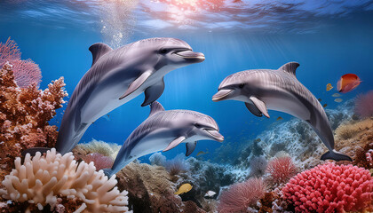Underwater dolphins swimming