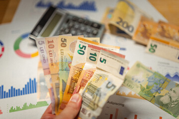 Romanian and euro currency. Business and finance. Currency conversion reports.