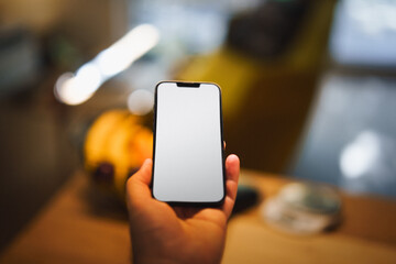 Hand holding smartphone. White empty screen mockup. Blurred home interior background.