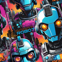Seamless robot pattern. Bright beautiful pattern, in urban style. futuristic style. Close-up of a group of robots. with different colors generative AI
