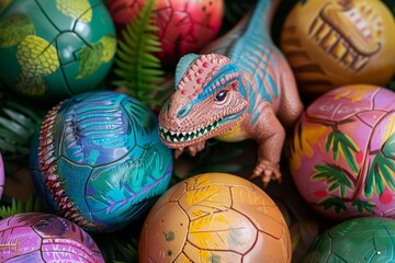 Plastic dinosaur stands out amidst a collection of vibrant, artistically decorated easter eggs