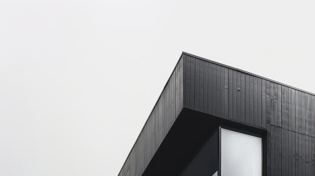 a black building with a white roof and a white sky