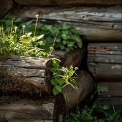 a close up of some plants growing in a log