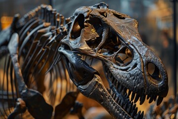 Fototapeta premium Closeup of a detailed tyrannosaurus rex skeleton exhibit in a museum, showcasing the monstrous and menacing prehistoric creature's anatomy, including its powerful teeth, bones, and skull