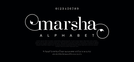 Marsha Elegant Font Uppercase Lowercase and Number. Classic Lettering Minimal Fashion Designs. Typography modern serif fonts regular decorative vintage concept. vector illustration