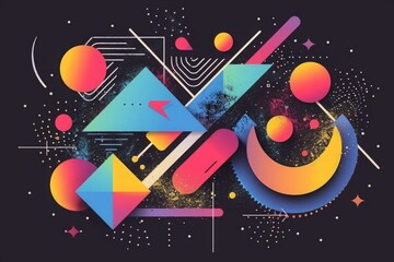 Obraz premium Memphis style. Colorful abstract geometric shapes on dark background. Flat lay composition. Design for wallpaper, poster, banner, greeting card, invitation, postcard. Generative AI