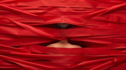 Man trapped in a web of red tape, representing bureaucratic debt issues, with copy space, high-resolution photo, realistic photo