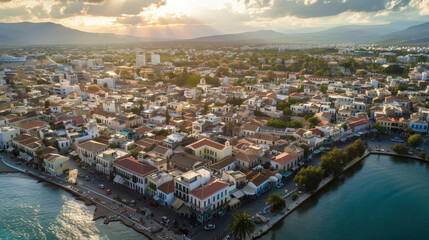 Fototapeta premium Aerial view of a charming town by the sea at sunset