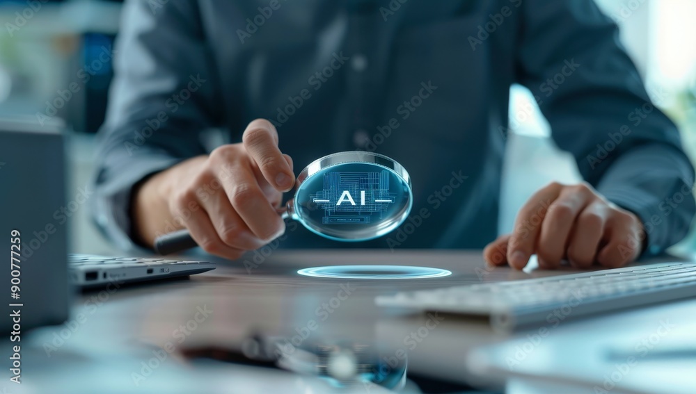 Poster a man holds a magnifying glass with 