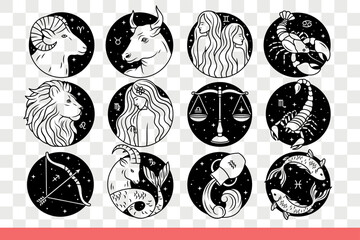 Zodiac signs for drawing up horoscope and predicting person future character. Round zodiac symbols with mythological creatures and animals near starry sky and universe. Hand drawn doodle