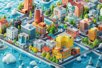 Isometric illustration of a vibrant cityscape with buildings, roads, and waterfront. 3D illustration with colorful architecture. Generative AI