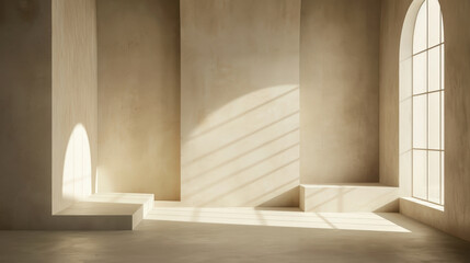 Fototapeta premium Sunlit Minimalist Room with Arched Window and Shadows