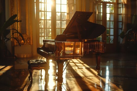 a piano in a room with sunlight shining through the windows