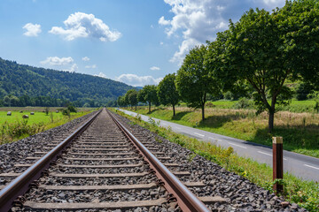 Landschaft mit Bahnschiene an einem Sommertag