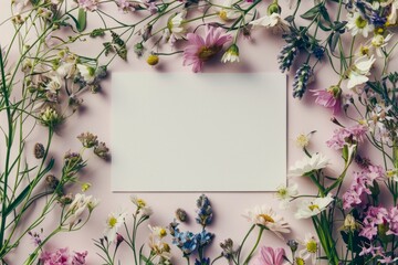 Obraz premium Empty white frame surrounded by various wildflowers on a light pink background. Flat lay mockup photography with copy space for design and print. Mockup. Generative AI