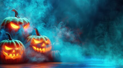 Naklejka premium halloween pumpkins with glowing eyes and smoke