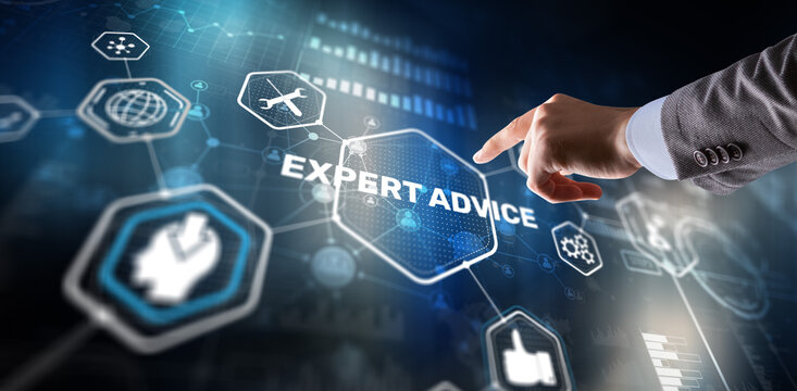 Businessman touching finger on the virtual screen and selecting Expert advice
