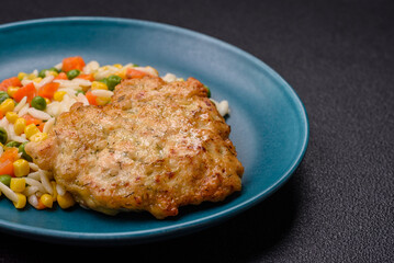 Delicious boiled rice with vegetables or risotto with carrots, peas and corn