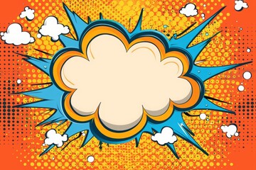 Colorful comic-style explosion with speech bubble on an orange and yellow dotted background. Pop art template for poster, banner, greeting card, invitation. Generative AI