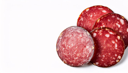 salami slices on white background