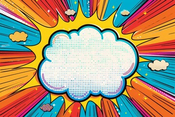 Comic-style explosion with white speech bubble on a colorful striped background. Pop art template for poster, banner, greeting card, invitation. Generative AI