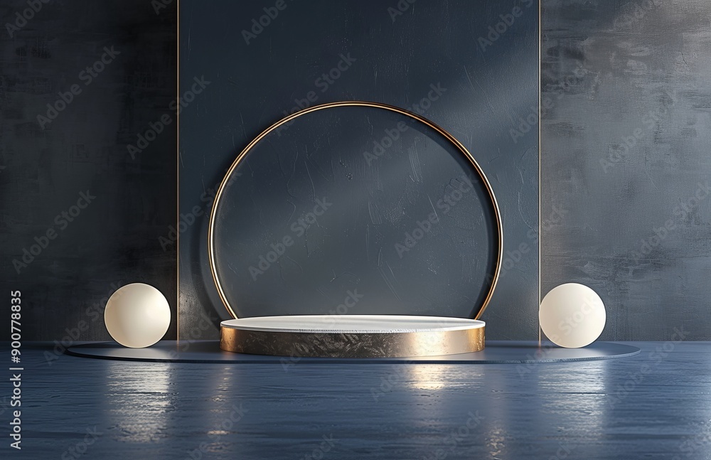 Poster minimalist podium with circular and spherical elements in an elegant dark setting