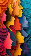 poster, placard, internasional women's day, with silhouttes of multicultural women's faces in paper cut and copy space, Generative Ai 