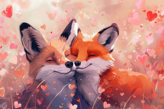 Two cartoon foxes cuddling with hearts on a pink background. Illustration in a whimsical style. Valentine's Day and love concept. Design for greeting card, invitation, postcard, print. Generative AI - Powered by Adobe