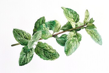Fototapeta premium Watercolor illustration of green mint leaves on a white background. Botanical art style. Herbal and gardening concept. Ayurveda. ayurvedic herbs. Generative AI