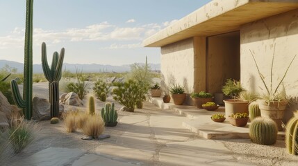 a desert landscape with cactus plants and a house