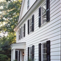 a white house with black shutters and a front porch