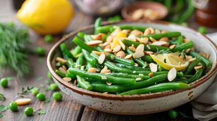 Bowl of green beans almondine with lemon. Thanksgiving side dish