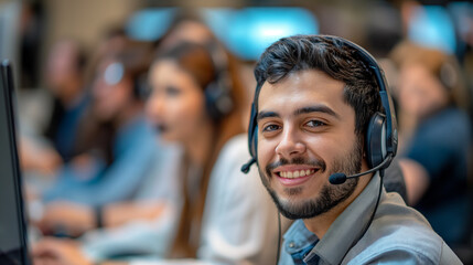 Young Man Smiling While Working at Call Center During Daytime Hours
