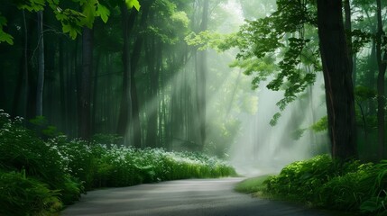 Fototapeta premium A serene forest path enveloped in morning mist with ethereal light filtering through dense foliage