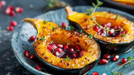 Roasted acorn squash with pomegranate seeds and thyme and drizzled with maple syrup. Thanksgiving side dish