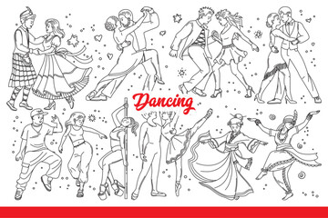 Dancing couples performing folk or popular club dances, at parties and festivals. Dancing men and women move energetically while enjoying active hobby alone or together. Hand drawn doodle