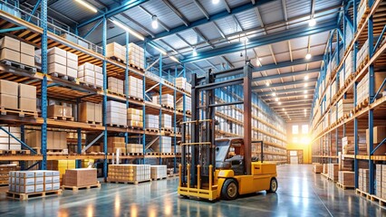 An industrial-style warehouse filled with goods and boxes on rack, emphasizing forklift safety protocols.